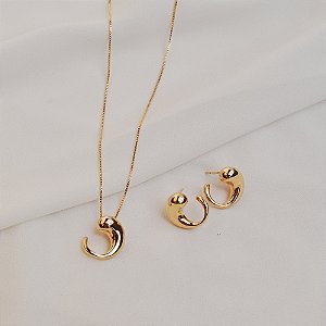Colar e brinco curvado ouro semijoia