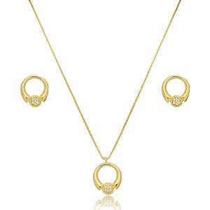 Colar e brinco redondo zircônia ouro semijoia