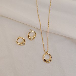 Colar e brinco redondo zircônia ouro semijoia