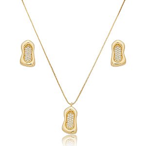 Colar e brinco orgânico zircônia ouro semijoia