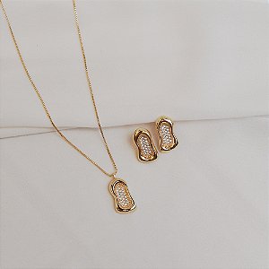 Colar e brinco orgânico zircônia ouro semijoia