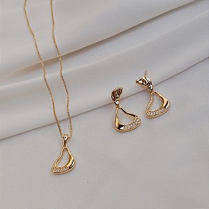Colar e brinco orgânico zircônia ouro semijoia