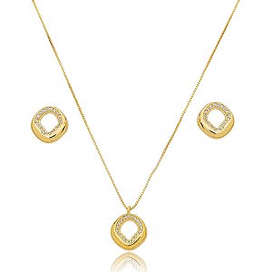 Colar e brinco orgânico zircônia ouro semijoia