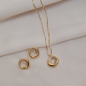 Colar e brinco orgânico zircônia ouro semijoia