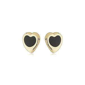 Brinco pressão coração esmaltado preto ouro semijoia 6890805