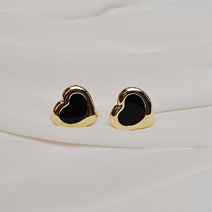Brinco pressão coração esmaltado preto ouro semijoia 6890805