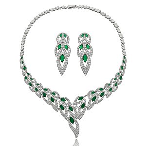 Colar e brinco zircônia esmeralda ródio semijoia