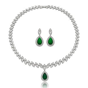 Colar e brinco gota zircônia esmeralda ródio semijoia LY-29022