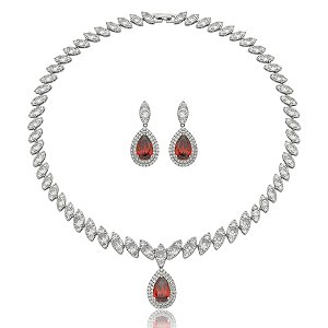 Colar e brinco gota zircônia rubi ródio semijoia LY-29022