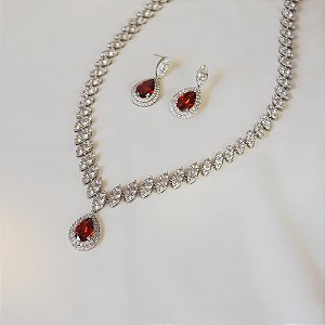 Colar e brinco gota zircônia rubi ródio semijoia LY-29022