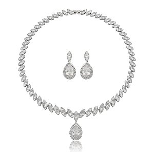 Colar e brinco gota zircônia ródio semijoia LY-29022