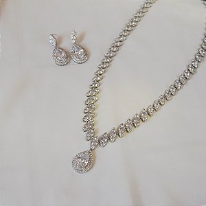 Colar e brinco gota zircônia ródio semijoia LY-29022