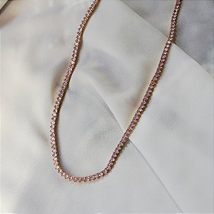 Colar curto cristais rosa ouro semijoia QC-80031