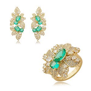 Conjunto brinco e anel folhas zircônia verde ouro semijoia TZ-240621