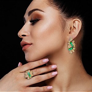 Conjunto brinco e anel folhas zircônia verde ouro semijoia TZ-240621