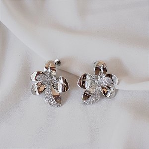 Brinco pressão rosca orquídea zircônia ródio semijoia YJ0003