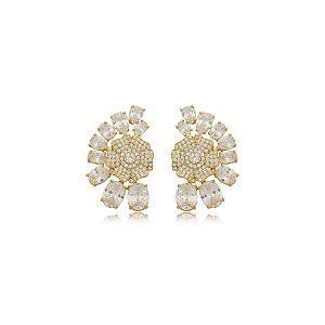 Brinco flor zircônia ouro semijoia BA 5271