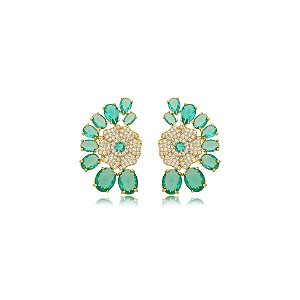 Brinco flor zircônia turmalina ouro semijoia BA 5271