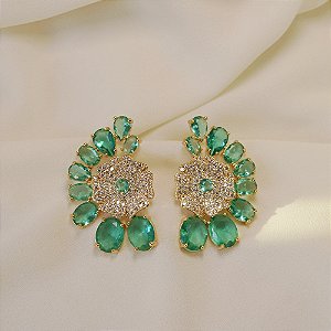 Brinco flor zircônia turmalina ouro semijoia BA 5271