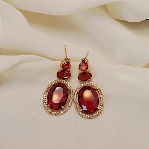 Brinco oval cristal pink ouro semijoia BA 5762