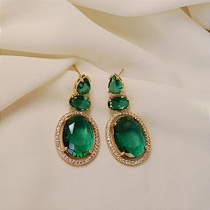 Brinco oval cristal verde ouro semijoia BA 5762