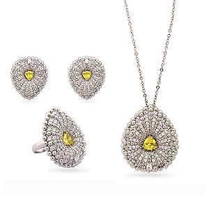 Conjunto colar brinco e anel ajustável gota zircônia amarelo ródio semijoia