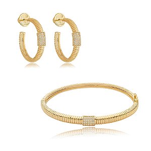 Conjunto de brinco argolinha e bracelete zircônia ouro semijoia 6837905