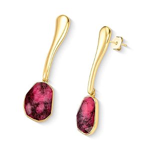 Brinco geométrico pedra natural rodonita ouro semijoia