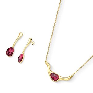 Colar e brinco geométrico pedra natural rodonita ouro semijoia