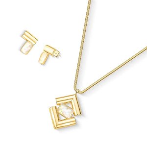 Colar e brinco geométrico pedra natural nautilus ouro semijoia