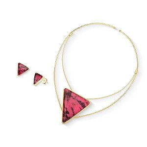 Colar e brinco triangular pedra natural rodonita ouro semijoia