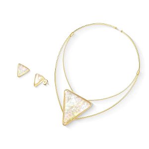 Colar e brinco triangular pedra natural nautilus ouro semijoia