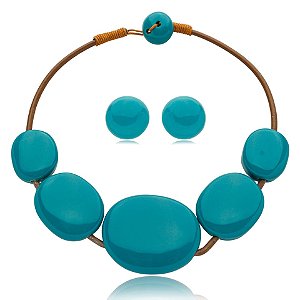 Colar e brinco Márcia Pouso resina azul turquesa