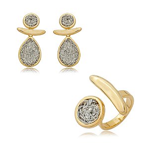 Conjunto brinco e anel redondo ouro e ródio semijoia