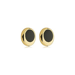 Brinco pressão redondo esmaltado preto ouro semijoia 6890705