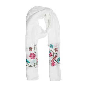 Lenço echarpe bordado floral off white