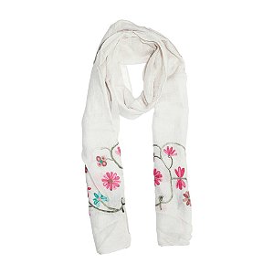 Lenço echarpe bordado floral bege
