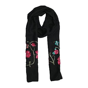 Lenço echarpe bordado floral preto