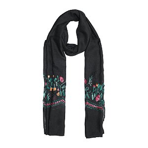 Lenço echarpe bordado floral preto
