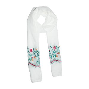 Lenço echarpe bordado floral off white