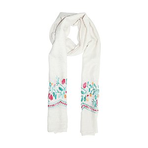 Lenço echarpe bordado floral bege