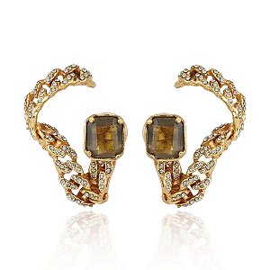 Brinco ear jacket Claudia Arbex corrente cristais ouro vintage