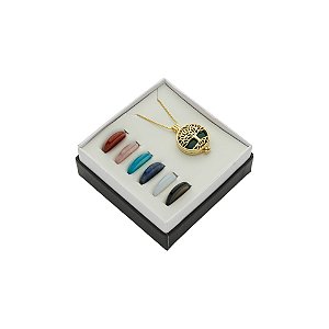 Colar cápsula árvore da vida 7 pedras naturais ouro semijoia