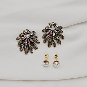 Kit 2 brincos Nino Bran flor pérola zircônias coloridas ouro vintage