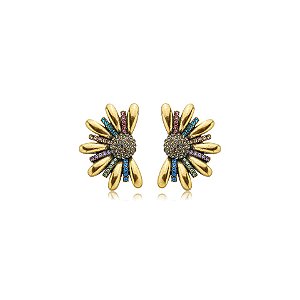 Brinco Nino Bran flor zircônia colorida ouro vintage semijoia