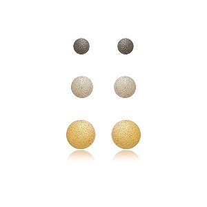 Kit 3 brincos Juliana Manzini esferas diamantadas mix banhos