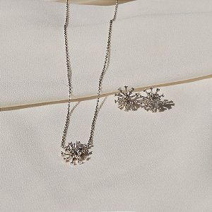 Colar e brinco chuveirinho zircônias ródio semijoia