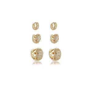 Kit 3 brincos argolinhas zircônia ouro semijoia 25a03039