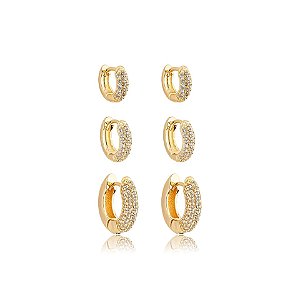 Kit 3 brincos argolinhas zircônia ouro semijoia 19a08018
