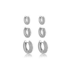 Kit 3 brincos argolinhas zircônia ródio semijoia 19a08018